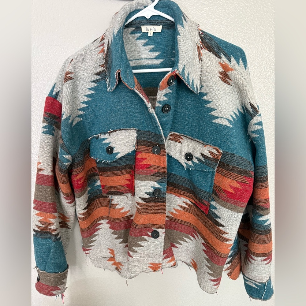 LA MIEL Teal and gray  Patterned jacket with buttoned front